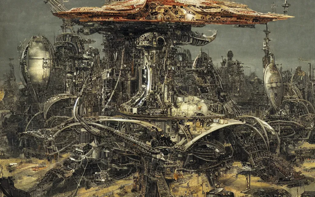 Prompt: complex alien technology in the form of a large space station, with different sections and levels, each with its own purpose by richard dadd and russ mills, style of atompunk