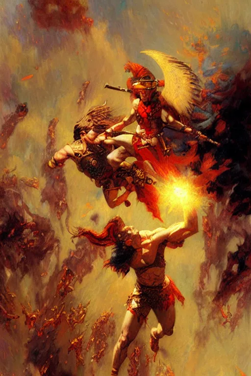 Image similar to war between good and evil, painting by gaston bussiere, craig mullins