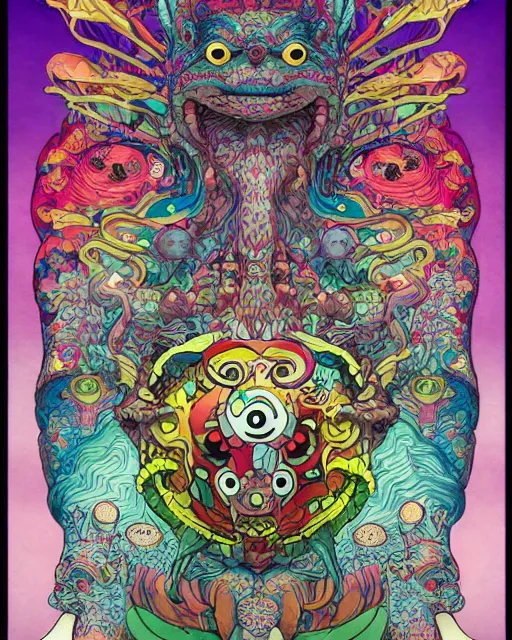 Image similar to bicameral humanoid mythical beast, fantastical, cute, and beautiful hybrid of different animals, a humorous psychedelic creature concept design by Moebius, Studio Ghibli, Toru Narita, in the style of Takashi Murakami, symmetrical 4K