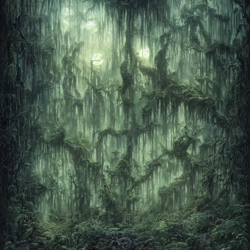 Image similar to a lush enchanted swampy forest at midnight, upward cinematic angle, heavy atmosphere, by Michael Kaluta, P. Craig Russell and Rodney Matthews, ghostly moonlight, stunning composition, intricate, elegant, digital art, hyperdetailed, mixed media painting, hyperrealistic, sharp focus, 8k