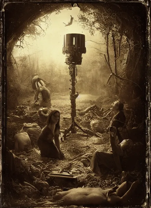 Image similar to old wetplate daguerreotype birth of civilization in times of conflict, fractal, intricate, elegant, highly detailed, parallax, leica, medium format, subsurface scattering, by jheronimus bosch and greg rutkowski and louis jacques mande daguerre