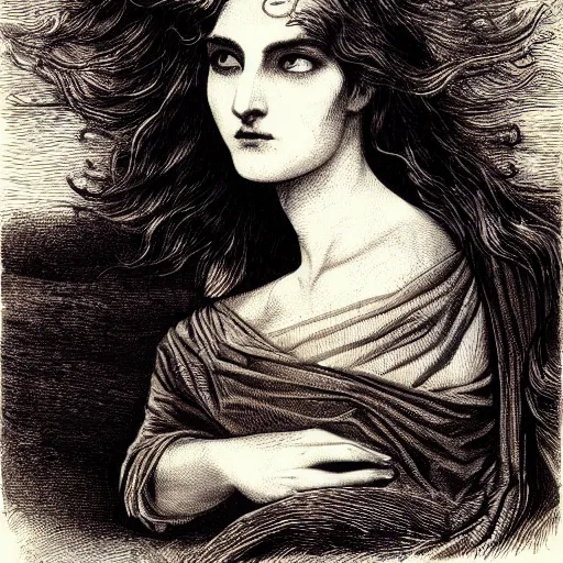 Image similar to portrait of a beautiful woman, gothic, cat eyes, hair waving in the wind, high detail, illustration by gustav dore