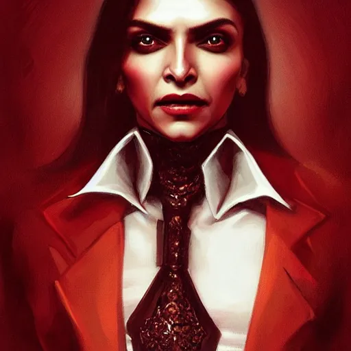 Image similar to portrait of deepika padukone upper body in bloody business suit, blood red eyes, vampire fangs, fantasy, intricate, elegant, highly detailed, digital painting, artstation, concept art, matte, sharp focus, illustration, art by aenaluck and roberto ferri and greg rutkowski, epic fantasy, digital painting