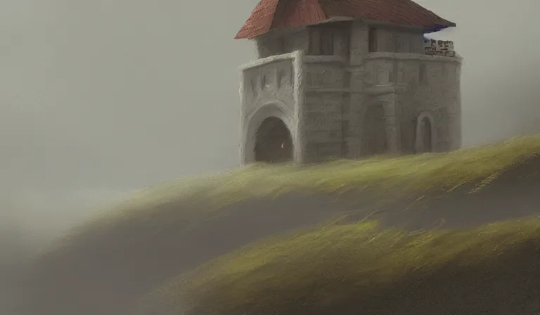 Prompt: A serene landscape with a singular building in the style of dark fantasy