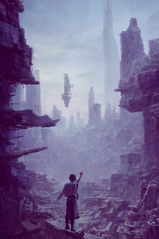 Image similar to A small person standing before a michanical city by Greg Rutkowski, beeple, Sung Choi, Mitchell Mohrhauser, Maciej Kuciara, Johnson Ting, Maxim Verehin, Peter Konig, final fantasy, macro lens, 35mm, 8k photorealistic, cinematic lighting, HD, high details, dramatic, dark atmosphere, trending on artstation