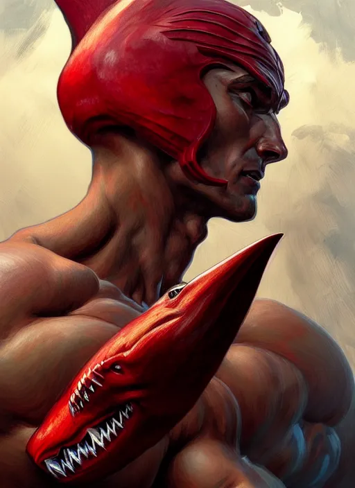 Image similar to portrait of a super muscular red human with a shark head punching a wall, d & d, muscular! fantasy, intricate, elegant, highly detailed, digital painting, artstation, concept art, smooth, sharp focus, illustration, art by artgerm and greg rutkowski and alphonse mucha