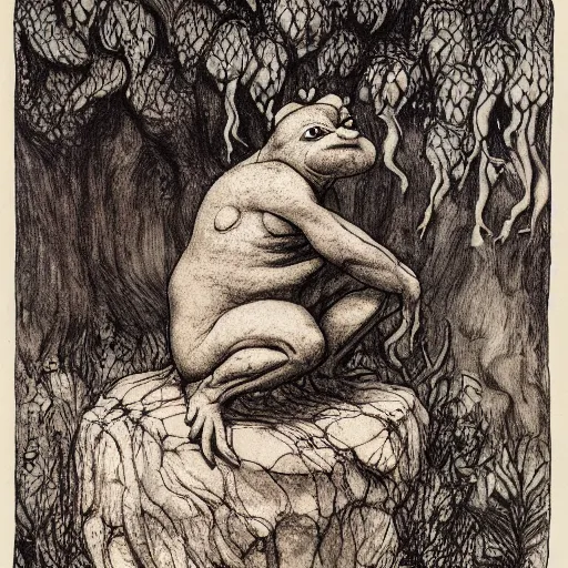 Prompt: toad philosopher toad in a pose The Thinker, swamp, by Auguste Rodin, illustrations by irish fairy tales james stephens arthur rackham, fairy tale illustrations, very detailed, shot in canon, 8k, high resolution