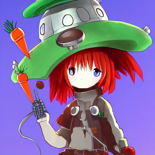 Image similar to cute robot with big tomato hat and a carrot sword, made in abyss style