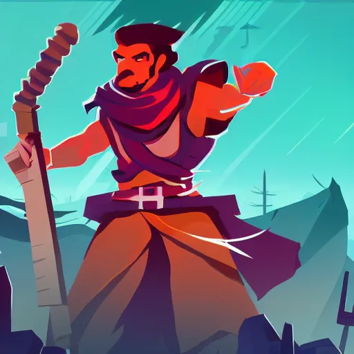 Image similar to dead cells main character holding a kopesh, ready to strike, corporate art style, three color palette