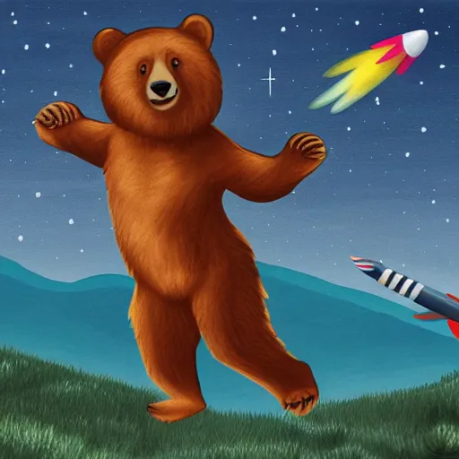 Prompt: a bear running to catch a rocket ship that already launched, digital painting, fine detail, matte finish