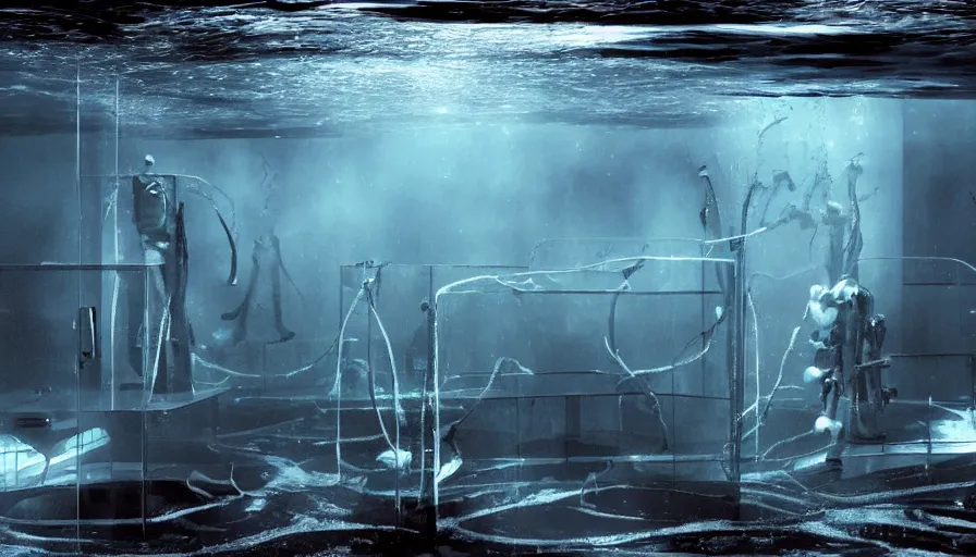 Image similar to Big budget horror movie, an underwater biolab run by cyborgs, deep in the ocean, dark and gloomy