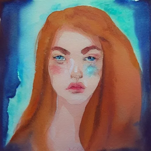 Image similar to “A watercolor portrait of a beautiful young woman with large light turquoise eyes and red hair, sad expression, tears welling, and freckles on her nose, with pastel watercolor splashes in the background”