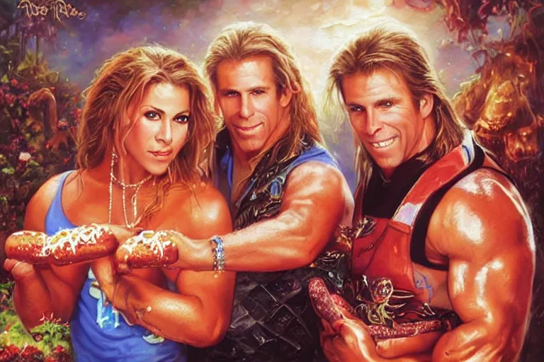 Image similar to portrait of wwf shawn michaels and queen elizabth sharing hotdogs, an oil painting by ross tran and thomas kincade