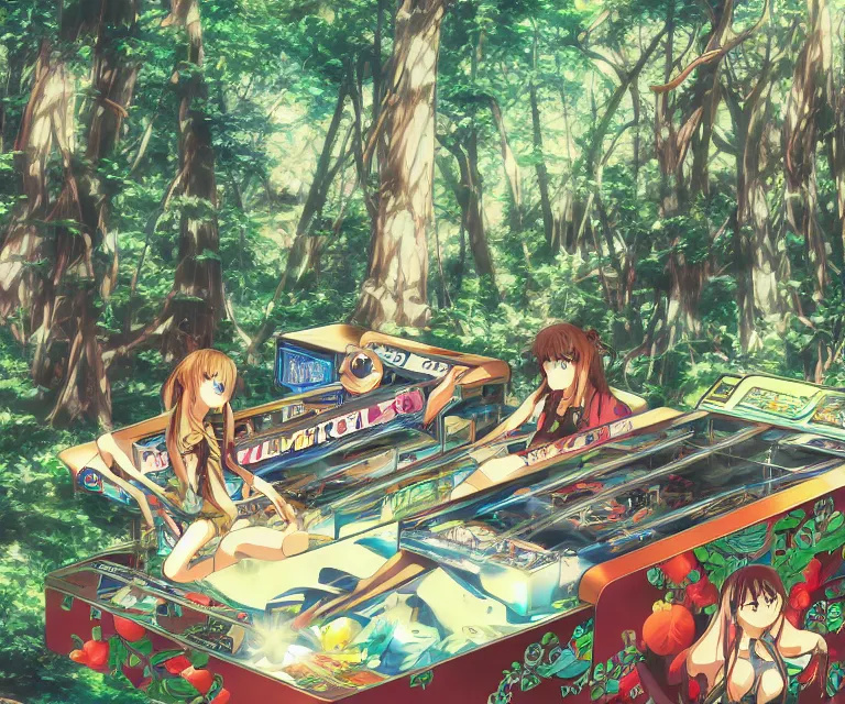 Image similar to pinball machine in a forest, anime fantasy illustration by tomoyuki yamasaki, kyoto studio, madhouse, ufotable, comixwave films, trending on artstation