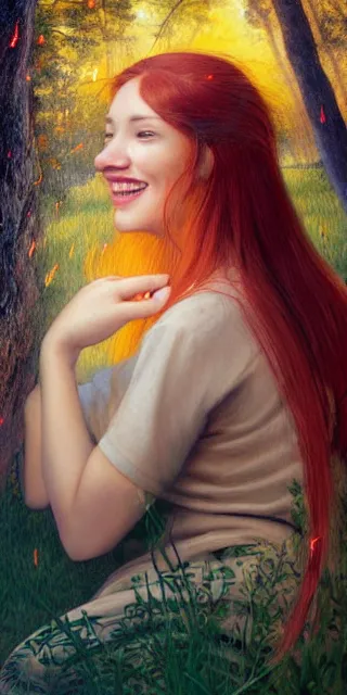 Prompt: infp young woman, smiling, amazed by golden fireflies lights, sitting in the midst of nature fully covered, long loose red hair, intricate linework, green eyes, small nose with freckles, oval shape face, realistic, expressive emotions, dramatic lights mystical scene, hyper realistic ultrafine art by artemisia gentileschi, albert bierstadt, artgerm