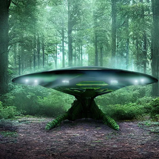 Image similar to an alien spaceship landing in a forest, ultra realistic, hyper real, photo real,