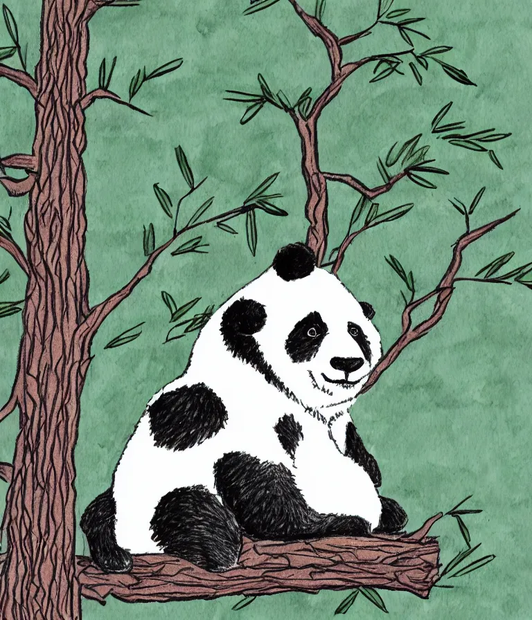 Prompt: Panda sitting on top of a trimmed tree enjoying a view of a forest, doodle art,