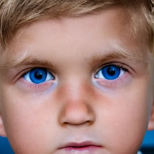 Image similar to a photo of a boy with blonde hair and blue eyes, extremely photorealistic and real eyes, detailed facial structure