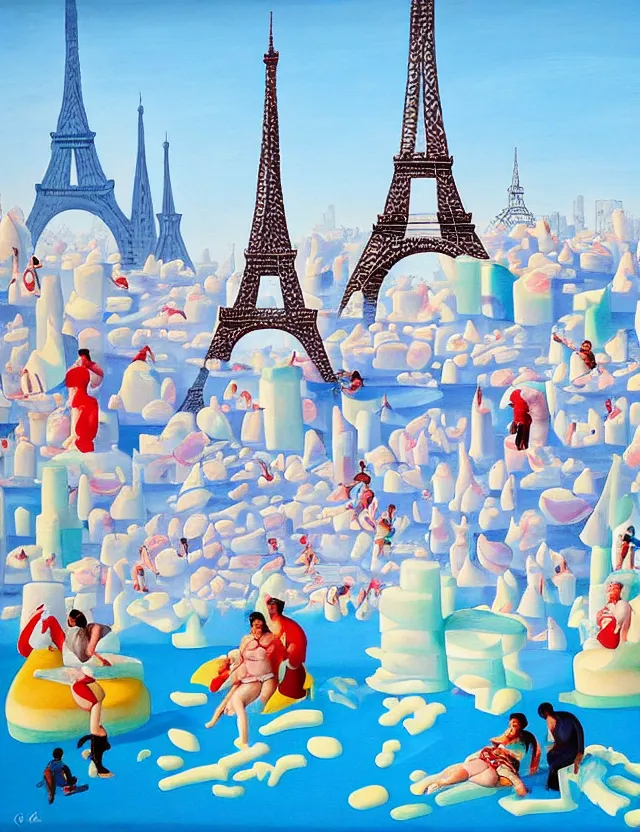 Image similar to a funny painting of ice sculptures made of icecream in the shape of the skyline of paris and eiffel tower on a very bright sunny summer day, very hot and the ice is melting fast and people are swimming their way through the icecream in the style of james jean and fernando botero