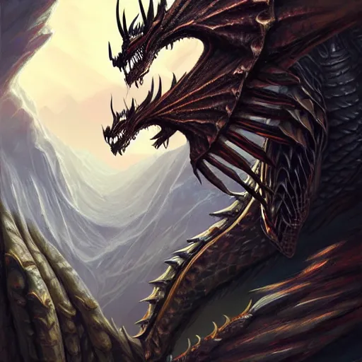 Image similar to skeleton dragon watching the world underneath, mountains, d & d, fantasy, intricate, elegant, highly detailed, digital painting, artstation, concept art, smooth, sharp focus, illustration, art by artgerm and dragolisco