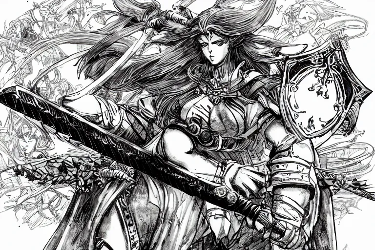 Image similar to A beautiful female warrior with a sword and shield overlooking a grand battlefield in the style of Overlord by studio madhouse and berserker by Kentaro Miura, in color, zoomed out, high angle, anime style