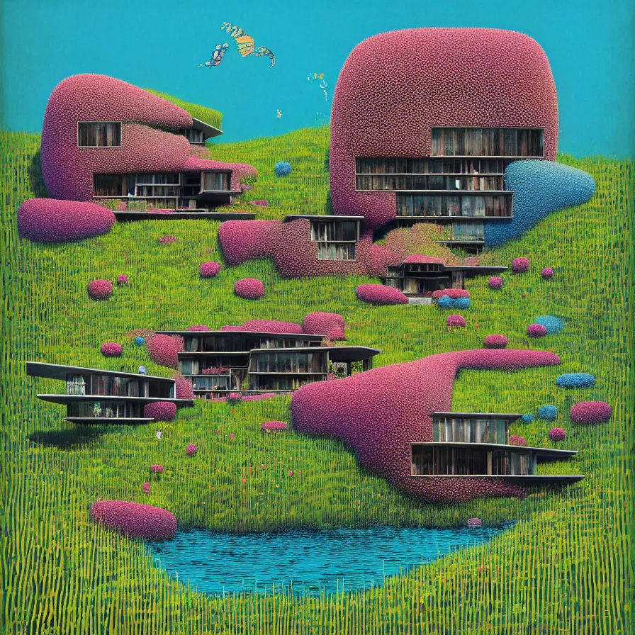 Image similar to surreal glimpse into other universe, a house by kengo kuma on an island, summer morning, very coherent and colorful high contrast, art by!!!! gediminas pranckevicius!!!!, geof darrow, floralpunk screen printing woodblock, dark shadows, hard lighting, stipple brush technique,