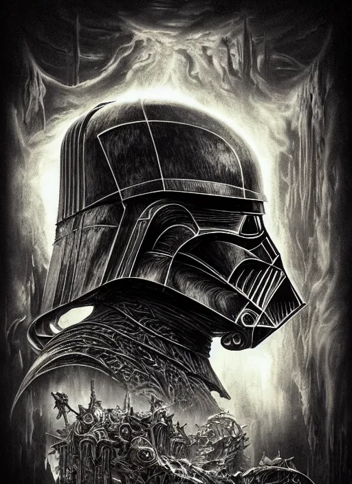 Image similar to side shot of platonic ideal stormtrooper, malignant dieselpunk and god complex dementor wild hunt chtulu nazgul mandelbulb fantasy, ego death, detailed, darth vader, intricate, volumetric lighting, hyperrealism, intense, scary, decay, artgerm, davinci, ralph mcquarrie, alphonse mucha, empire symbol,