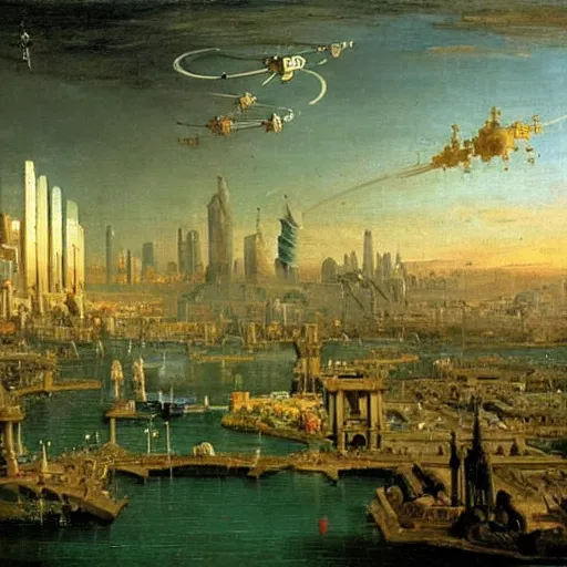 Prompt: a planetary sci-fi city on Cybertron by Canaletto, oil and canvas, masterpiece