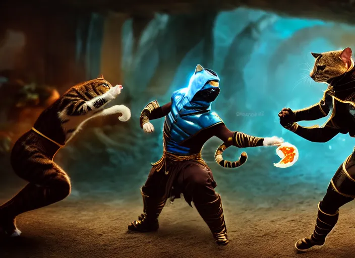 Image similar to hamster dressed as sub zero fights a cat dressed as scorpion in mortal kombat on the background of a laughing shao khan. fantasy magic style. highly detailed 8 k. intricate. lifelike. soft light. sony a 7 r iv 5 5 mm. unreal engine with nanite and path tracing