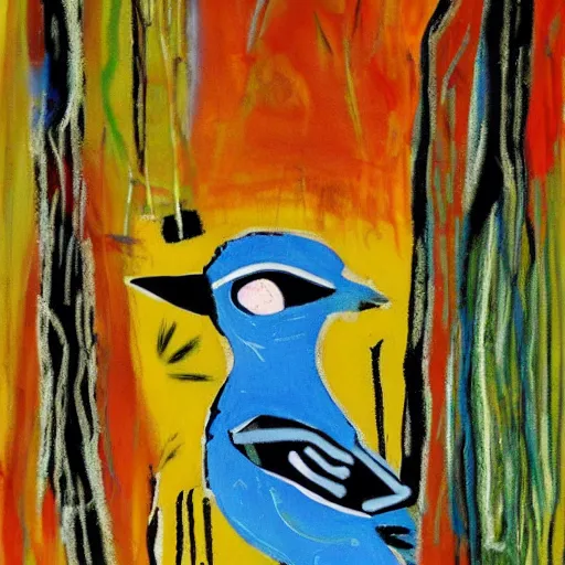 Prompt: bluejay by a river in an autumnal forest, painted by jean michel basquiat