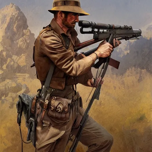 Prompt: indiana jones aiming a sniper rifle to a german wwii general, intricate, highly detailed, digital painting, artstation, concept art, sharp focus, cinematic lighting, illustration, art by artgerm and greg rutkowski, alphonse mucha, cgsociety,