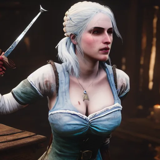 Image similar to painting of Ciri from the Witcher 3 in wooden bath, 8k, uhd