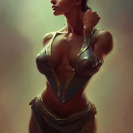 Image similar to actress, muscular upper body, D&D, fantasy, intricate, elegant, highly detailed, oil painting, artstation, concept art, smooth, sharp focus, illustration, art by artgerm and greg rutkowski and Francis Bacon