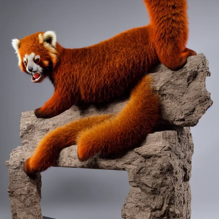 Prompt: hyperrealistic sculpture of the fossilized remains of a giant red panda with some flesh attached on a pedestal by ron mueck and duane hanson and damien hirst, hyperrealistic dramatic colored lighting trending on artstation 8 k