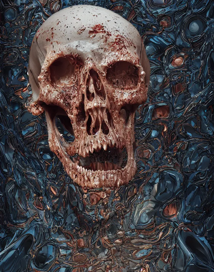 Image similar to portrait of a melting wax skull. intricate abstract. sharp teeth. delicate artwork. infected by zombie fungus. by Tooth Wu, wlop, beeple, dan mumford. octane render, trending on artstation, greg rutkowski very coherent symmetrical artwork. cinematic, hyper realism, high detail, octane render, 8k, depth of field, bokeh. chrome accents.