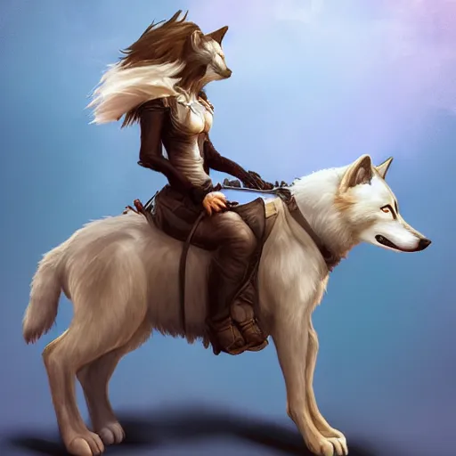 Prompt: a girl riding a wolf, trending on artstation