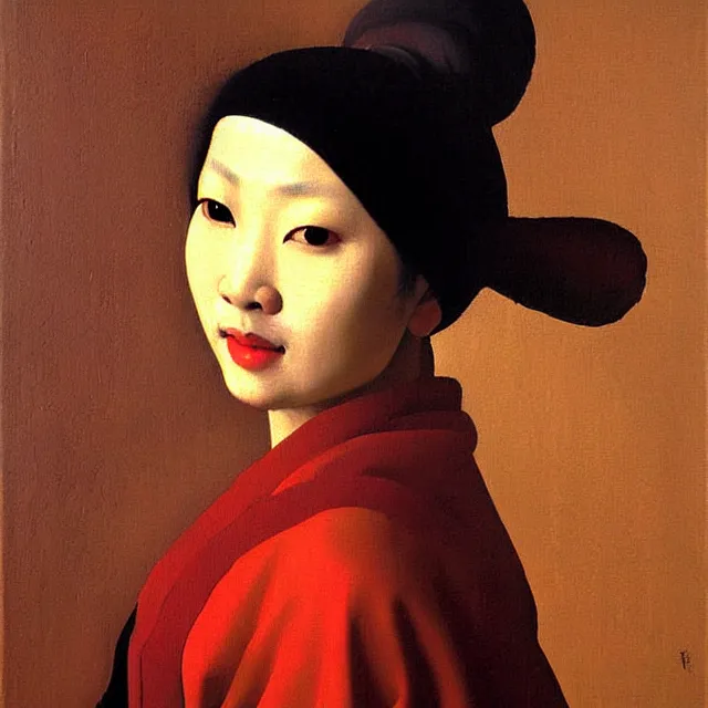 Image similar to a beautiful painting asian woman, by jan vermeer realistic oil painting