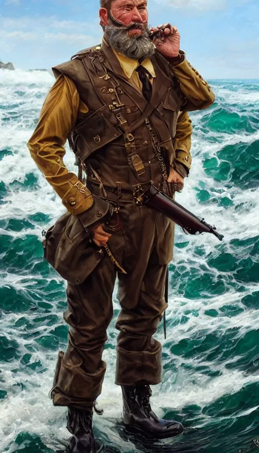 Prompt: proud commodore marine captain, stern look, late xix century commander vest, full body portrait xix immpresionist paint, wild ocean background, highly detailed, digital painting, artstation, concept art, sharp focus, illustration, art by Artgerm, Greg Rutkowski, Craig Mullins, WLOP, Ross tran, James Jean, Andrei Riabovitchev, magic the gathering, - W 640