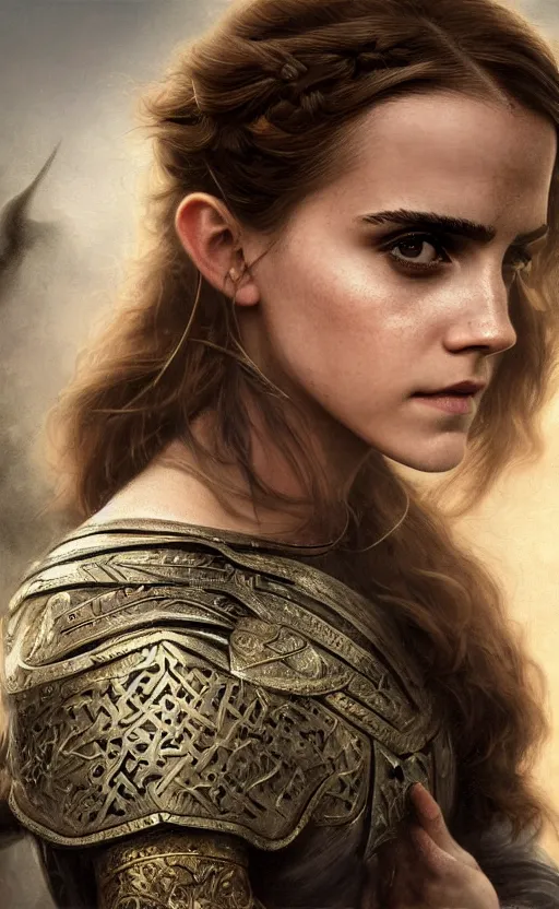 Image similar to photo photorealistic portrait closeup photograph of Emma Watson as Joan of Arc, long hair, intricate, elegant, highly detailed, digital painting, artstation, concept art, sharp focus, illustration, art by and greg rutkowski and aleksi briclot and bouguereau detailed photograph intricate insanely detailed octane render, 8k artistic photography, photorealistic, Edward Steichen, Peter Lindbergh, Albert Watson