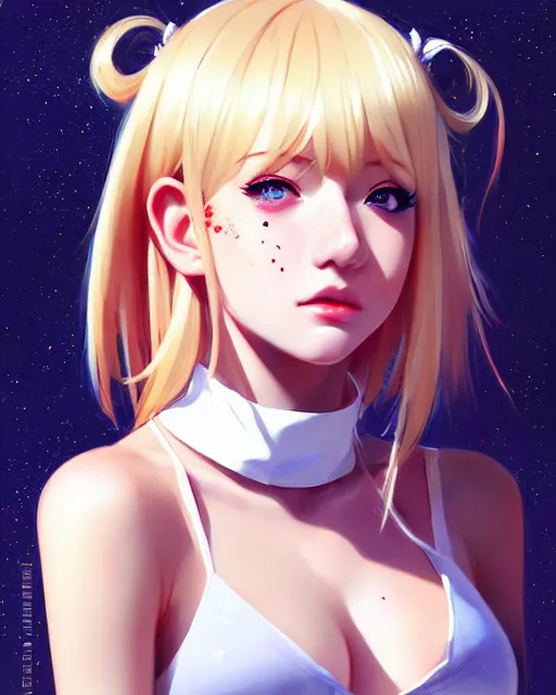 Image similar to portrait Anime freckled blonde space cadet girl Anna Lee anime cute-fine-face, pretty face, realistic shaded Perfect face, fine details. Anime. realistic shaded lighting by Ilya Kuvshinov Giuseppe Dangelico Pino and Michael Garmash and Rob Rey, IAMAG premiere, aaaa achievement collection, elegant freckles, fabulous