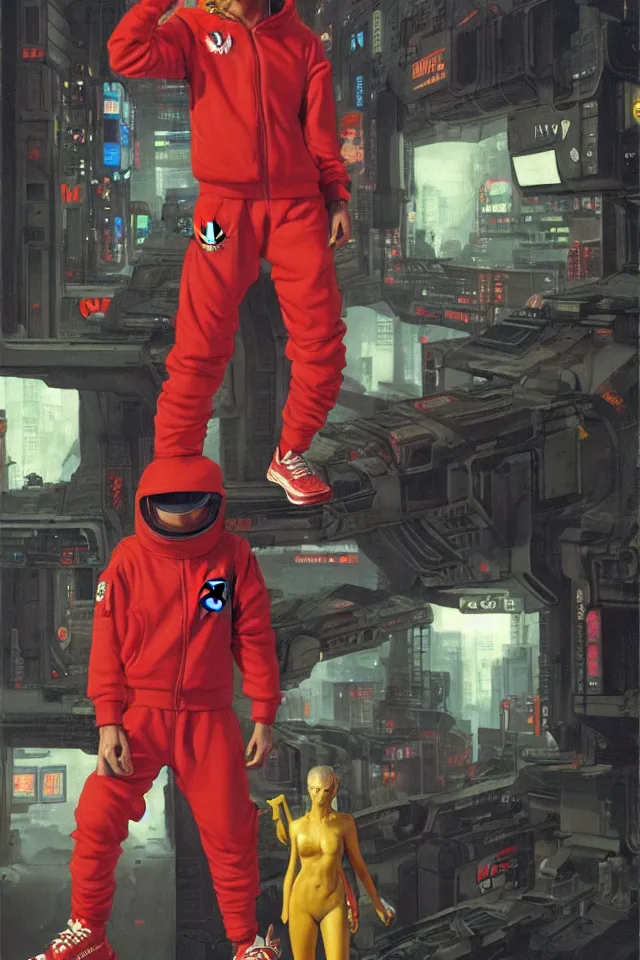 Prompt: CHAPPIE In A Red Adidas Track Suit In Neo Tokyo with Die Antwoord, full figures, stormy weather, extremely detailed masterpiece, low-key neon lighting, artstation, 2001: A Space Odyssey, Roger Deakin’s cinematography, by J. C. Leyendecker and Peter Paul Rubens and Edward Hopper and Michael Sowa