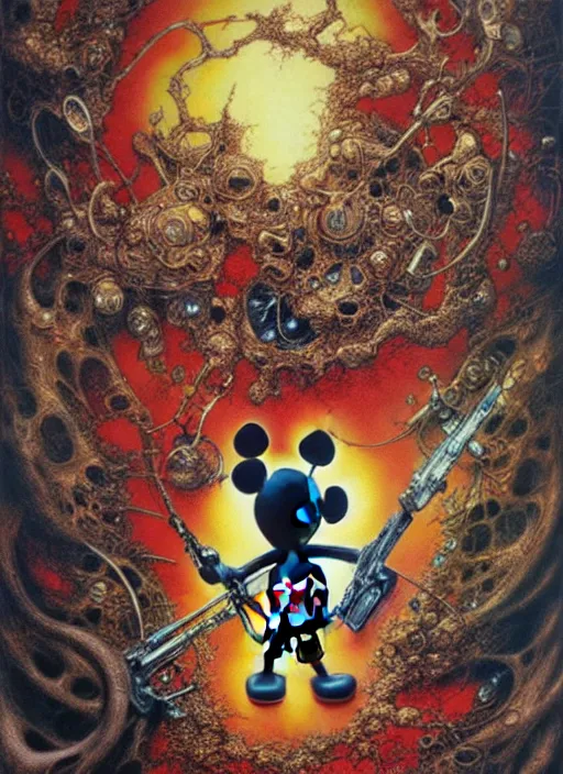 Prompt: realistic detailed image of Mickey Mouse with a gun ,Ayami Kojima, Amano, Karol Bak, Greg Hildebrandt, and Mark Brooks, Neo-Gothic, gothic, rich deep colors. Beksinski painting. art by Takato Yamamoto. masterpiece. ultra details, high quality, high resolution .