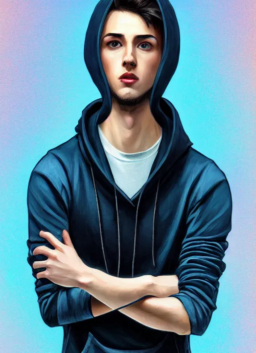 Image similar to handsome young man with short black hair, light blue eyes, pale skin, black hoodie, jeans, half body shot, path traced, highly detailed, high quality, digital painting, alena aenami, leonid afremov, lilia alvarado, shinji aramaki, karol bak, alphonse mucha, tom bagshaw