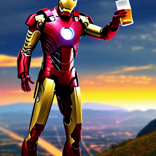 Prompt: Iron man at the top of a mountain, scenic view, holding a beer!!, digital art, gta 5 cover art, trending on artstation