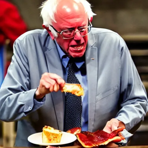 Prompt: bernie sanders stealing a piece of bacon