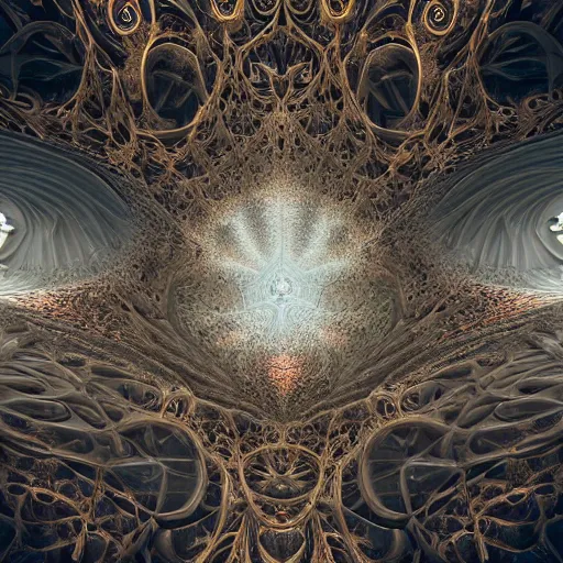 Prompt: a hyperrealistic 3 d painting of a huge sprawling fractal cathedral interior populated by mandelbrot fractals by android jones, unreal engine, carved soap, white color scheme, volumetric lighting, octane render, dramatic lighting, glowing, carved marble, opalescent, carved wood, sacred geometry, religious, angelic, catholicpunk, stark, 8 k, ultra detailed