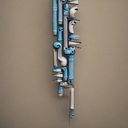 Prompt: a ceramic wind instrument made from a vertical arrangement of glazed ceramic pipes in the shape of vocal tracts emerging from mud blowing a pattern of vapour , 3D render , 8k , octane , frontal view