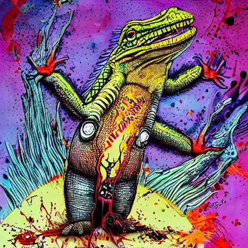 Prompt: president Donald Trump Lizard, Ralph steadman, psychedelic, surreal, ink splatter, detailed, 4k