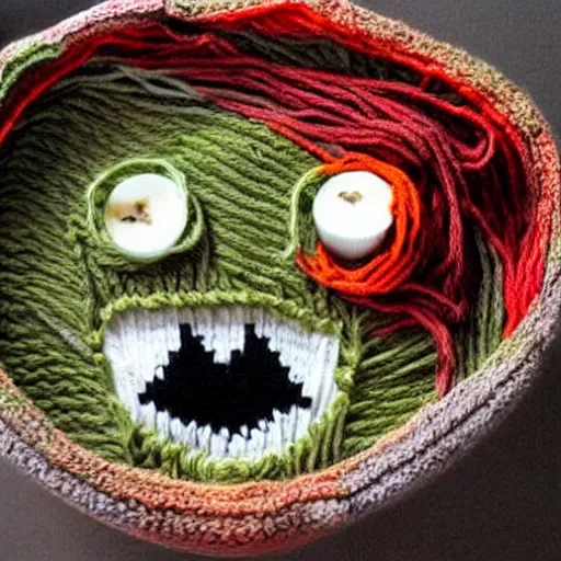 Image similar to a bowl of soup that looks like a monster, all as knitted yarn