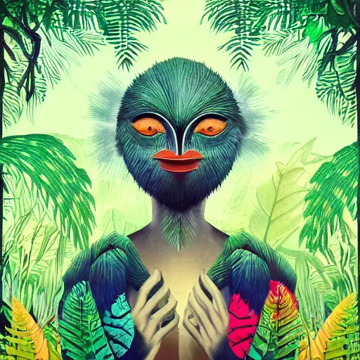 Prompt: mystical folk birdhuman character on a tropical forest, realistic proportions, glitch art, poster art, in the style of henri rousseau and pablo amaringo